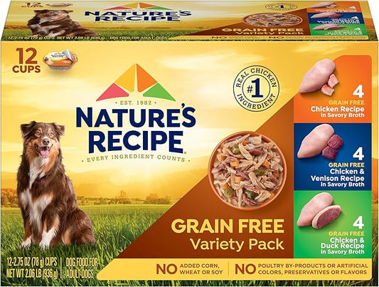 Nature’s Recipe Grain Free Chicken Recipe, Chicken & Venison Recipe and Chicken & Duck Recipe in Savory Broth Variety Pack Wet Dog Food, 12-2.75 oz. Cups, 2 Count