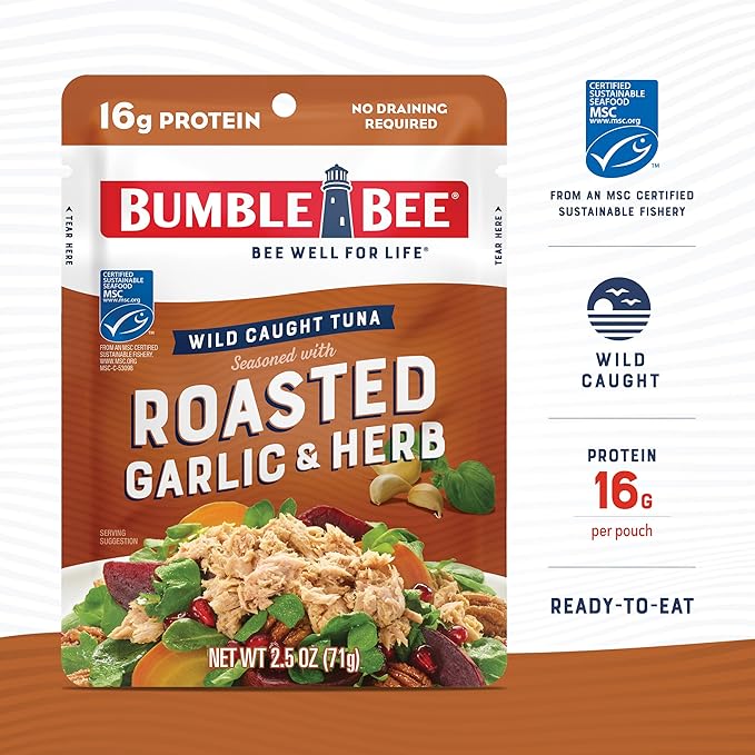 Bumble Bee Roasted Garlic & Herb Seasoned Tuna, 2.5 oz Pouch - Ready to Eat - Wild Caught Tuna Packet - 16g Protein per Serving - Gluten Free