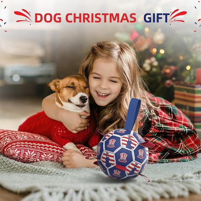 Diman Dog Toy Soccer Ball : Outdoor Dog Toys, Dog's Independence Day Gift, Dogs Soccer Ball with Straps for Tug of War, Pet Birthday Gift for Small Medium (6 Inch)
