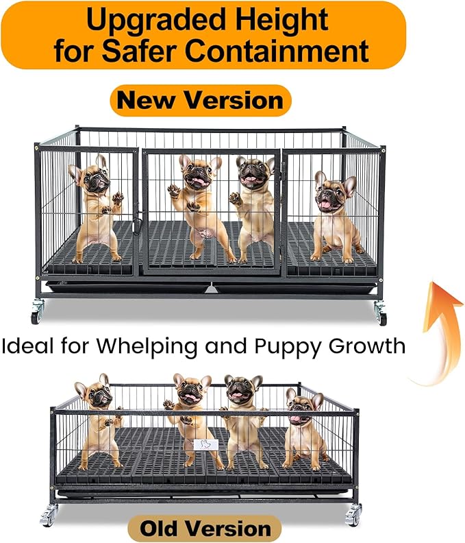 Homey Pet 43 Inch Metal Wire Dog Whelping Box for Puppies + Stackable Heavy Duty Dog Crate Cage Kennel with Wheels, Divider, Plastic Floor Grid and Tray for Medium/Small Sized Dogs