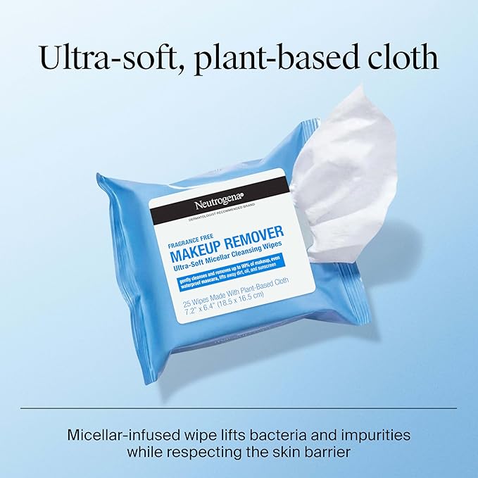 Neutrogena Fragrance-Free Makeup Remover Wipes, Daily Ultra-Soft Micellar Cleansing Wipes Gently Remove Oil & Waterproof Makeup, Hypoallergenic, Made with Plant-Based Cloth, 25 ct