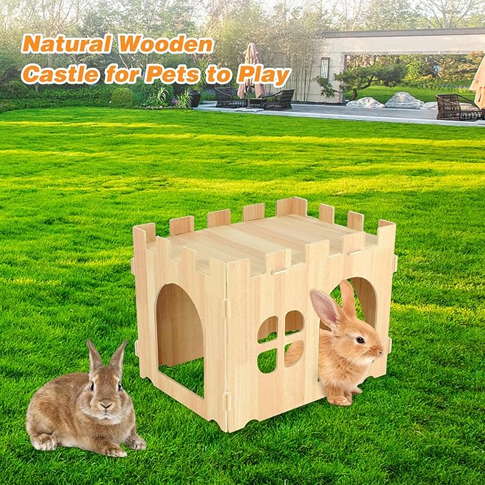 BWOGUE Large Wooden Rabbit House and Hideouts Bunny Castle Detachable Small Animal Play Hideaway Rabbit Hideout Cage Accessories for Indoor Adult Rabbit Guinea Pig Chinchilla Habitat