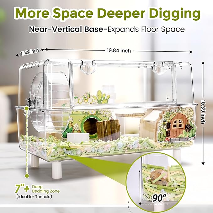Acrylic Hamster Cage with All Accessories,Dwarf Hamster Cage with Stand,Syrian Mouse Cage for pet mice,Rat Cage for Hamster,Succulent Style Hamster House（20''L*11.5''W*10.5''H）