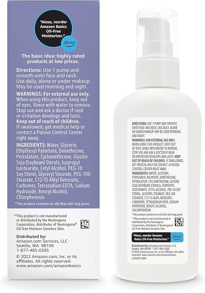 Amazon Basics Oil-free Facial Moisturizer for Sensitive Skin, Fragrance Free, Non-Comedogenic, 4 Fluid Ounce (Previously Solimo)
