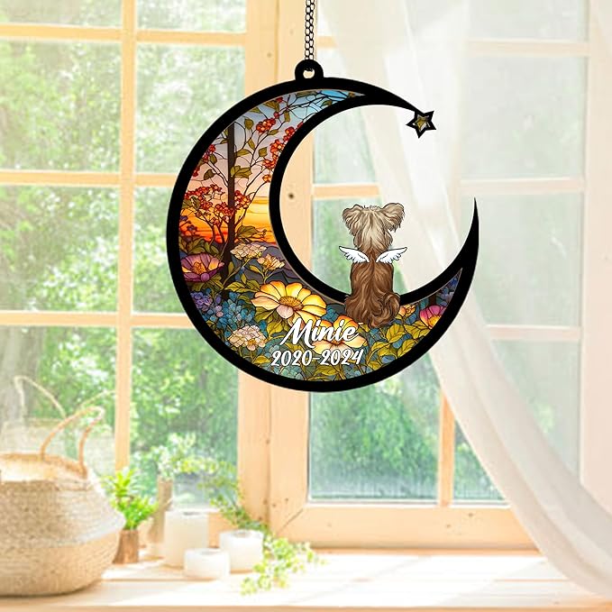 Personalized Yorkshire Terrier (White Tan) Sun Catcher, Dog Memorial Gifts, Custom Yorkshire Terrier (White Tan) with Wings Ornament Christmas Tree, Loss of Dog Sympathy Gift Memorial Suncatchers
