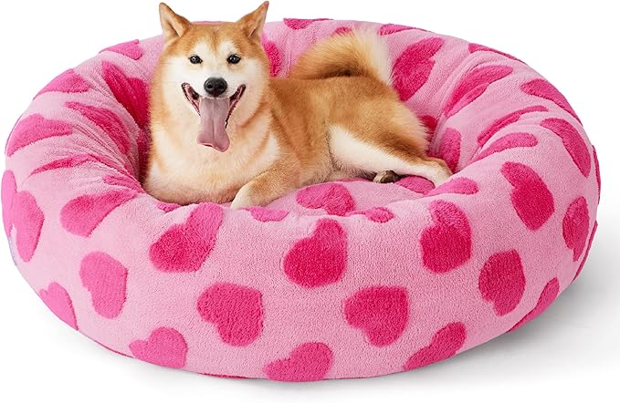 LE SURE Shown on TV Donut Large Dog Bed - XL Round Cat Beds Indoor Anti-Anxiety Calming Gift for Pets, Washable Cute Modern Beds with Jacquard Shaggy Plush & Anti Slip Bottom, 36 Inch, Heart Pink