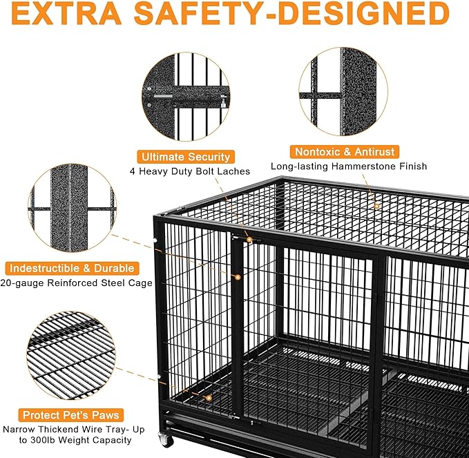 48/37 inch Heavy Duty Wire Dog Crate Cage Kennel for Large Dogs, High Anxiety Dog Crate with Removable Crate Trays, Wheels and Double Door, Extra Large XL XXL