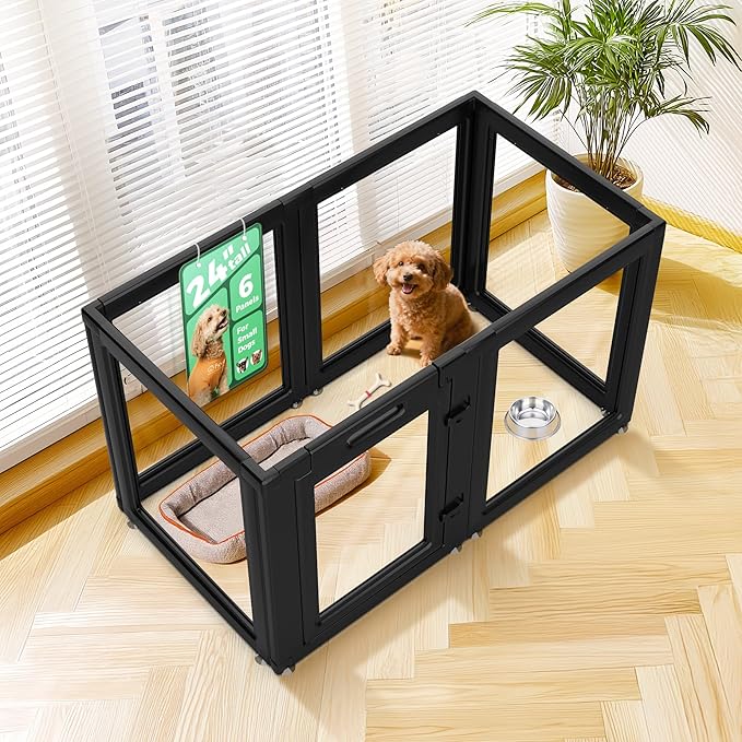 FXW AuraSpace Acrylic Indoor Dog Playpen for Puppies and Small Dogs, 24 Inch, 6 Panels, Black