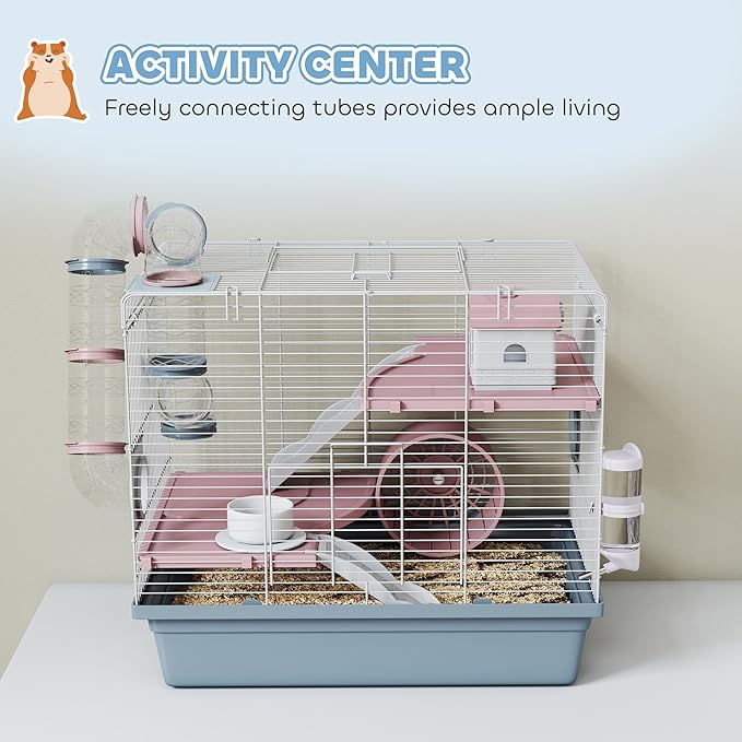 PawHut Hamster Cage, 3-Tier Gerbil Cage with Exercise Wheel, Food Bowl, Water Bottle, House, Tunnels, Ramps, Small Animal Habitat for Dwarf Hamster, Blue