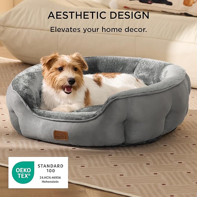 Bedsure Dog Bed for Medium Dogs - Round Washable Medium Pet Bed, Anti-Slip Donut Fluffy Plush Indoor Fur Cat Bed, 28 inches, Grey