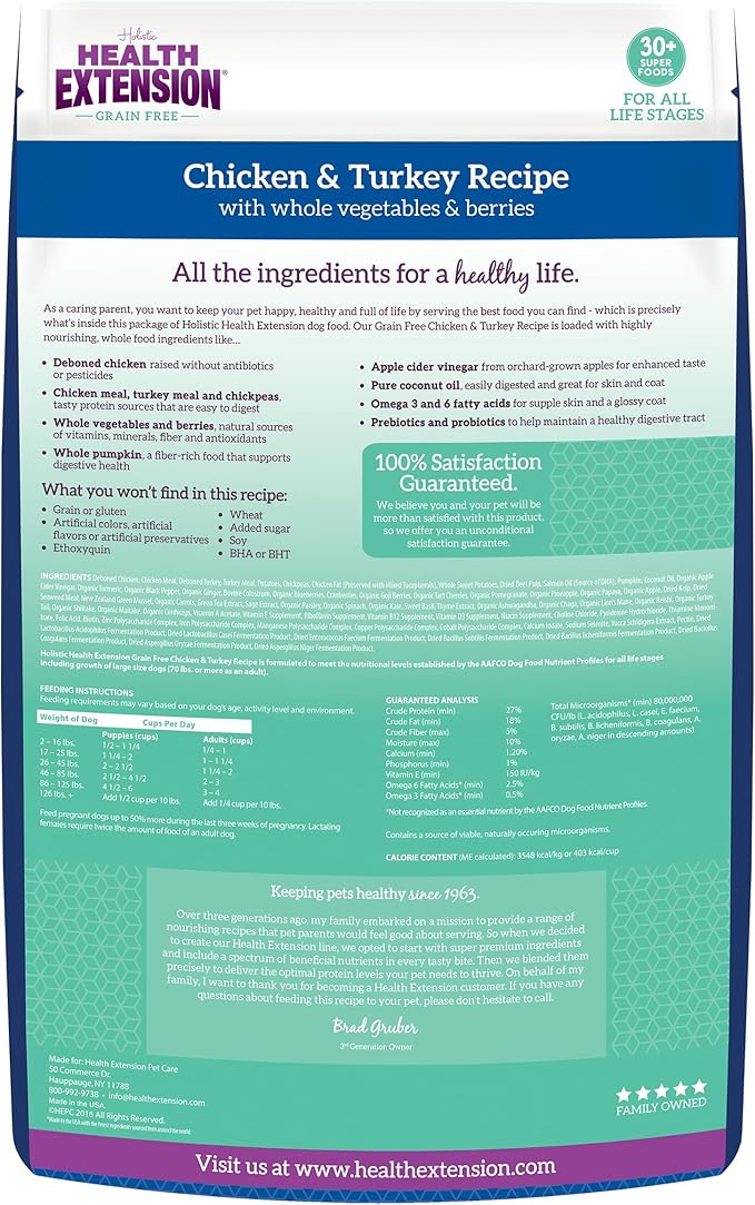 Health Extension Grain Free Chicken & Turkey Dry Dog Food - 30+ Superfoods and Probiotics for All Life Stages (4lb)