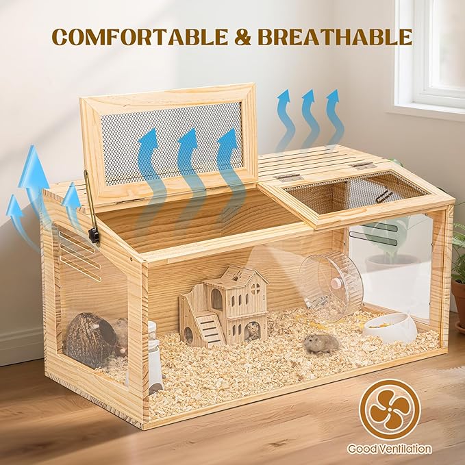 Hamster Cage 40" Wooden Chewproof, 270° View Large Habitat with Bite-Proof Metal Mesh & Top Dual Access Doors, Acrylic Sheets & Solid Build for Dwarf Syrian Hamsters/Gerbils/Guinea Pigs/Chinchillas