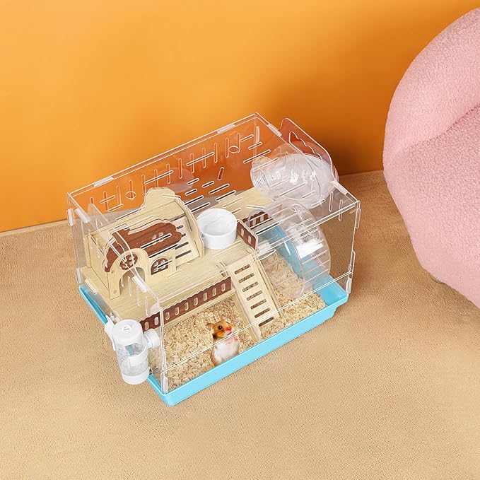 Acrylic Hamster Cage Small Hamster Habitat 360 Viewing Hamster Enclosure with Running Wheel & Chewproof Hideout for Dwarf, Guinea Pig, Gerbils, Blue, 13.3" L*10.2" W*12.4" H