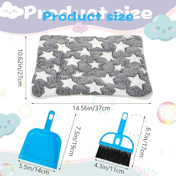 Tudomro 10 Pcs Guinea Pig Bed Mat with Cleaning Dustpan Brush 15" x 11" Animal Bedding Fleece Bunny Sleeping Pad for Small Dogs Cats Rats Hedgehogs Ferrets Hamster Indoor (Heart Star)