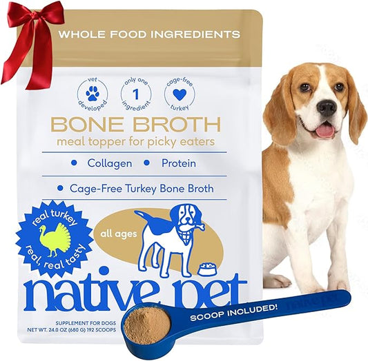 Native Pet Bone Broth for Dogs and Cats - Turkey Bone Broth Powder Dog Food Toppers for Picky Eaters - Provides Extra Nutrition for Joint Strength, Immune Support & Heart Health - 192 Scoops