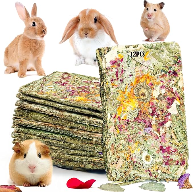 Rabbit Toys 12pcs Bunny Toy Guinea Pig Treats Timothy Hay Chew Toys Chips with Herbal Flowers Hamster Snacks Chinchillas Gerbils for Teeth Apple Sticks Sweet Bamboo