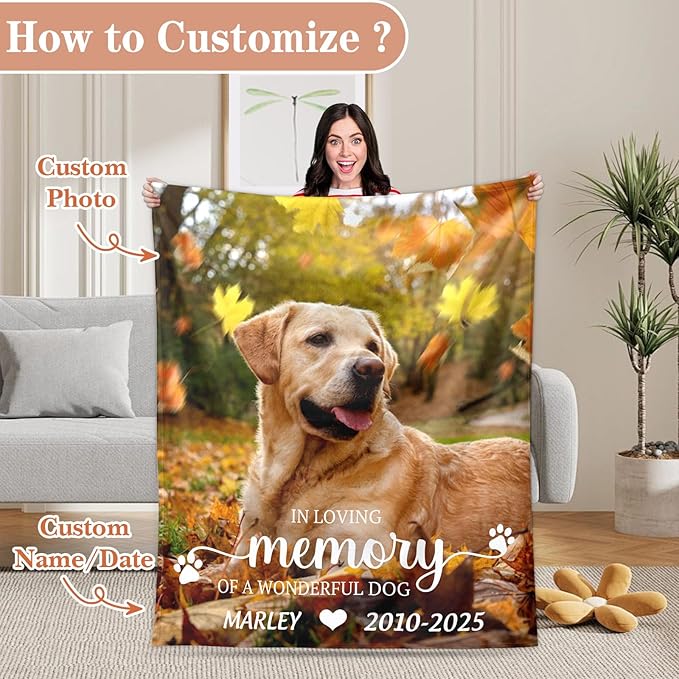 Pet Memorial Blanket Gift - Personalized Dog Memorial Blankets, Pet Sympathy Gifts for Loss of Dogs for Pets Lovers, Dog Bereavement Passing Away Gift, Custom Dogs Blanket (Y)
