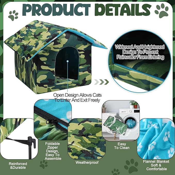 16" x 15" x 14 Outdoor Cat House for Winter Weatherproof Feral Pet Shelter for Cats Dog Collapsible Outside Green Camouflage Pet House with Self Warming Pad Blanket 3 Tent Stake(M Size)