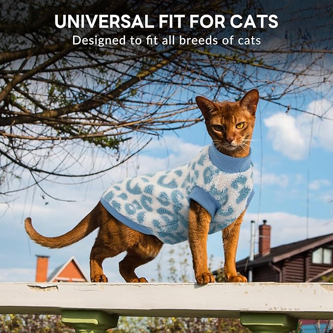 PUMYPOREITY Winter Warm Cat Sweater - Super Soft & Elastic Knit with Plush Fleece, Easy-On Design with Ribbed Neck & Cuffs, Stretchy Cat Outfit for Indoor/Outdoor Use,Blue, S