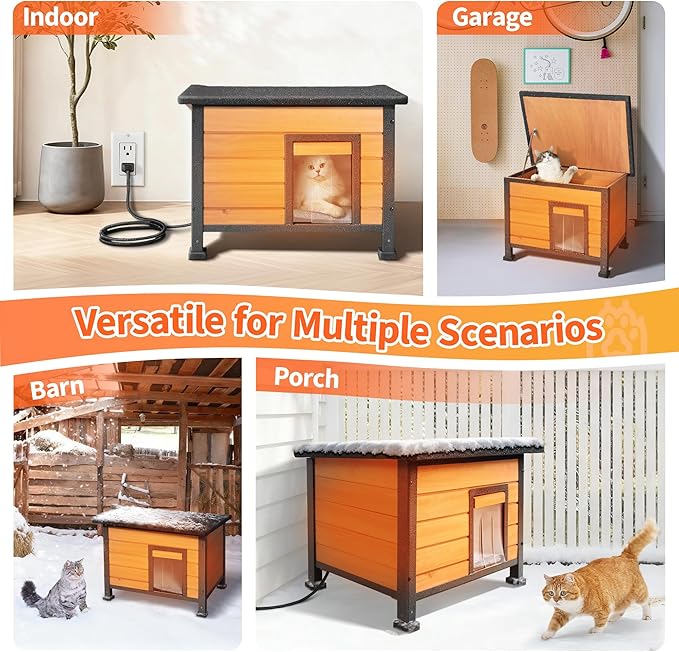 Heated Outdoor Cat House with Heating Pad - Weatherproof Winter Insulated Shelter for Outdoor Cats with Escape Door & PVC Flap, All-Steel Frame and Wooden Construction, Brown