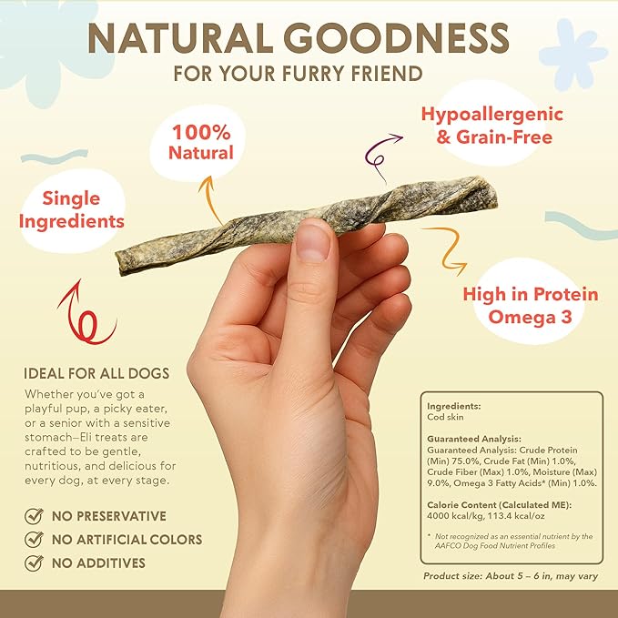 Eli Cod Skin Twists – A Natural, Crunchy Dog Treat Made from Twisted Cod Skins, High in Protein and Omega-3, Ideal for Teeth Cleaning, Single Ingredient, Grain Free, Gluten Free, Air Dried – 2 Pack