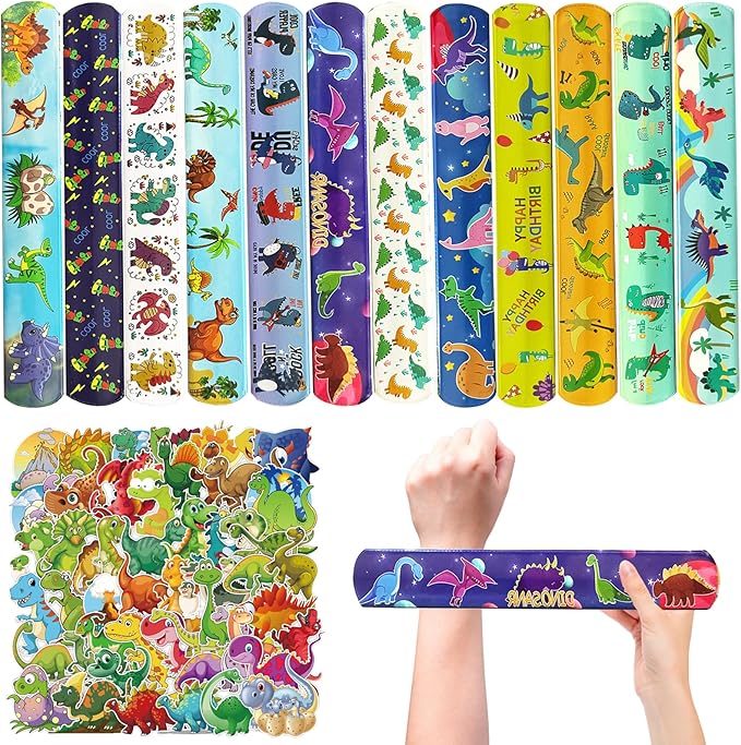 74Pcs Dinosaur Theme Party Favors Contain 24 Pcs Slap Bracelets 50Pcs Stickers, Dino Theme Birthday Party Decorations,Classroom Rewards Supplies.
