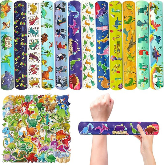 74Pcs Dinosaur Theme Party Favors Contain 24 Pcs Slap Bracelets 50Pcs Stickers, Dino Theme Birthday Party Decorations,Classroom Rewards Supplies.