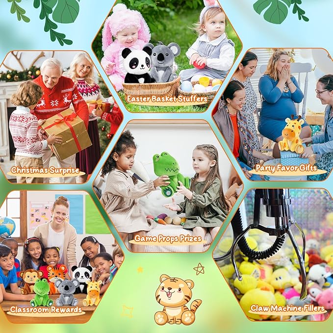 6 Pcs Small Stuffed Safari Animals Bulk, 7 Inch Jungle Animals Stuffed Toys, Plush Panda Crocodile Monkey Giraffe Tiger Elephant for Baby Shower Safari Jungle Themed Party Student Award