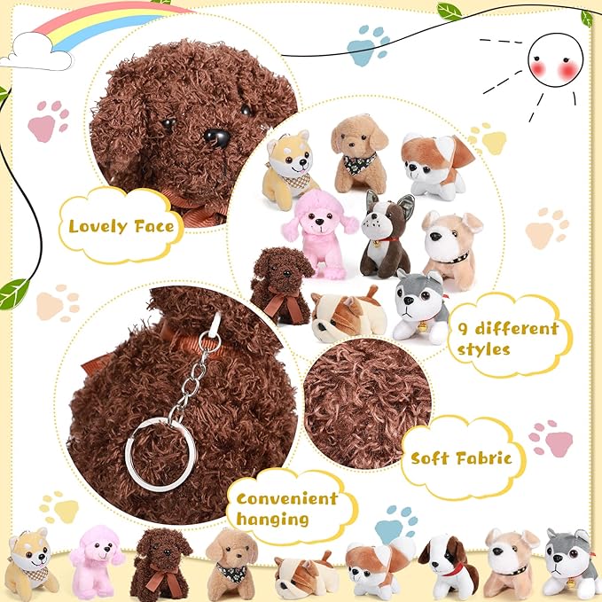Aoriher 9 Pcs Mini Plush Dog Bulk 4.7 Inch Puppy Stuffed Animals Small Stuffed Dogs Cute Assorted Soft Puppy Toys for Birthday Valentines Party Favor Decorations