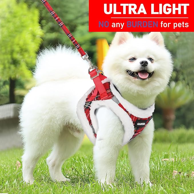 GAMUDA Small Dog Harness Collar and Leash Set, Step in No Chock No Pull Soft Mesh Adjustable Dog Vest Harnesses Plaid Reflective for Dogs Puppy Cats Kitten Rabbit (Warm Red, S)