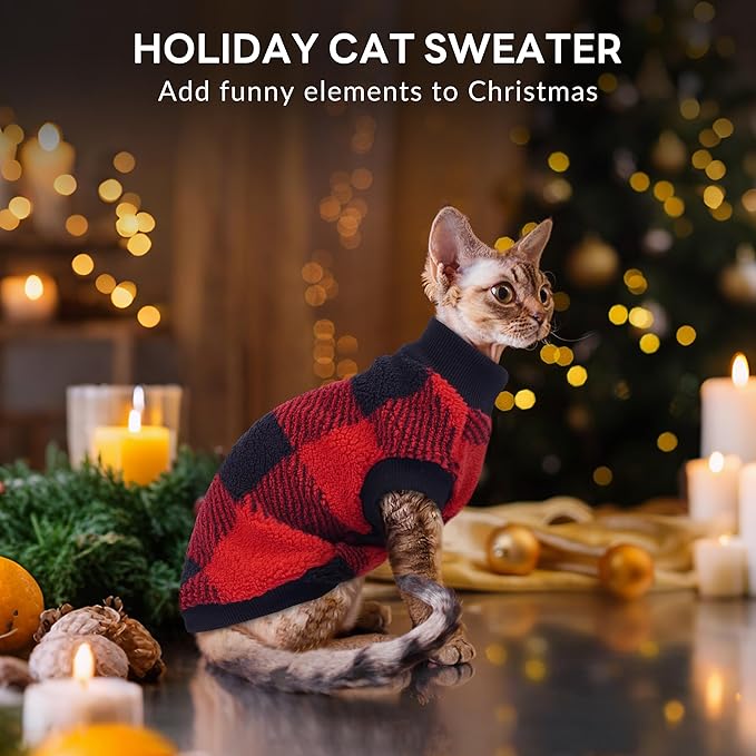 PUMYPOREITY Christmas Sweater for Cats, Winter Warm Cat Sweater - Super Soft & Elastic Knit with Plush Fleece, Easy-On Cozy Cat Outfit for Indoor/Outdoor,Red, S