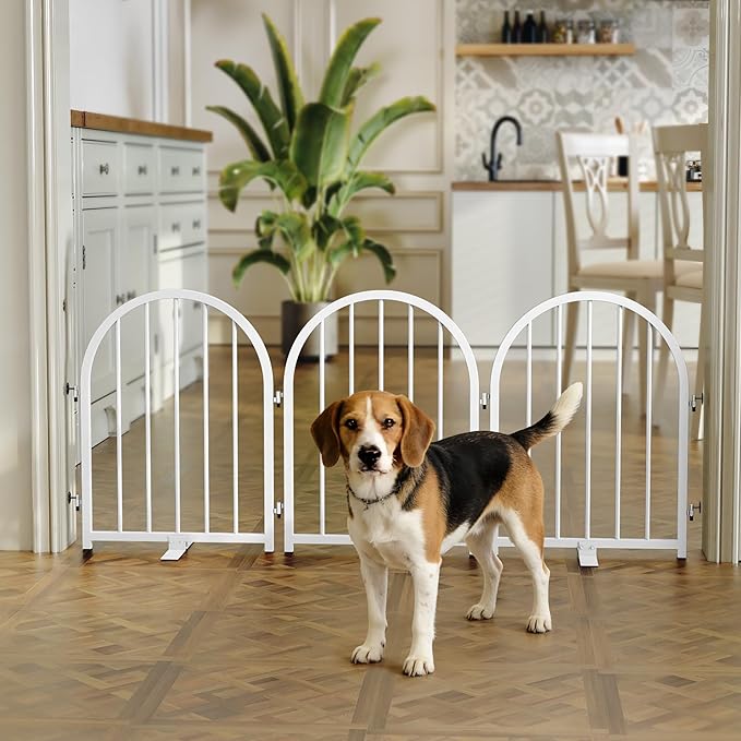 Full Metal Dog Gate for Indoor Outdoor, 24" Tall Free Standing Pet Dog Fence, 54" Wide Arched Pet Gates for Stairs, Hallways, Doorways, Kitchen, Decks, Yards (White, 3 Panels)