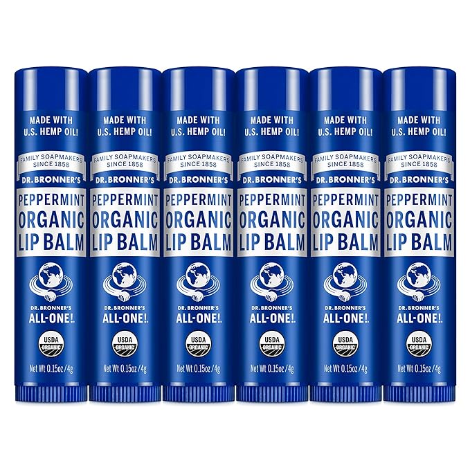 Dr. Bronner's - Organic Lip Balm (Peppermint, 0.15 ounce, 6-Pack) - Made with Organic Beeswax and Avocado Oil, For Dry Lips, Hands, Chin or Cheeks, Jojoba Oil for Added Moisture, Cooling and Hydrating