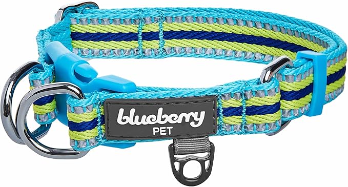 Blueberry Pet Safety Dog Collar with Dual D-Rings | 3M Reflective Multi-Colored Adjustable Collar in Blue and Yellow | Soft Nylon Dog Collar for Active Large Dogs