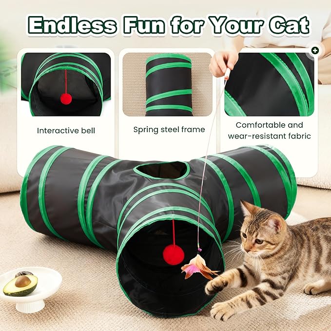 Love's cabin Cat Tunnels for Indoor Cats, Cat Tube Toys 3 Way Collapsible, Pet Play Tunnel with Peek Hole Toy Ball for Kitty, Kitten, Rabbit, Black&Green, Small Size (23.6"X13"X11")