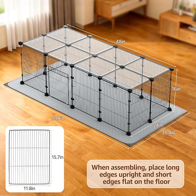 Tinnmao Rabbit Starter Kit, 20 Panels Small Animal Playpen with Top Cover, Waterproof Base Mat + 2 Washable Pee Pads + Litter Box, Indoor C&C cage for Guinea Pigs Bunny Accessories (Black Metal Frame)