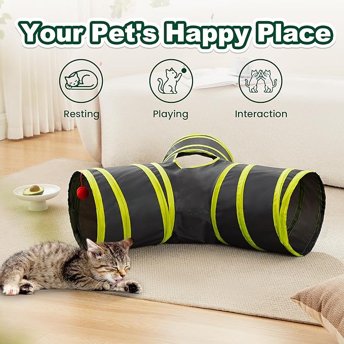Love's cabin Cat Tunnels for Indoor Cats, Cat Tube Toys 3 Way Collapsible, Pet Play Tunnel with Peek Hole Toy Ball for Kitty, Kitten, Rabbit, Black&Yellow, Small Size (23.6"X13"X11")