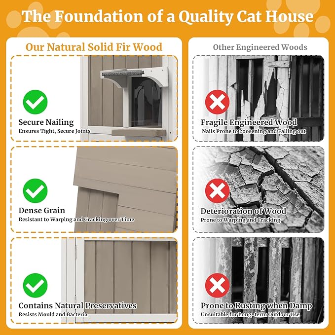 2-Story Outdoor Cat House, Weatherproof Wooden Feral Cat Shelter with Openable Roof, PVC Curtains, Transparent Window, Escape Doors, Cat House for Outdoor Cats