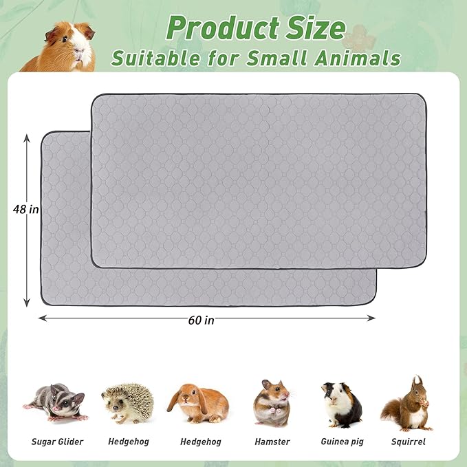 Guinea Pig Cage Liners 48''X60'', 2 Pack Guinea Pig Bedding Washable, Non Slip Reusable Super Absorbent Guinea Pig Pee Pads Mats Fleece for Small Animals Hamster Rabbit Chinchilla Rat
