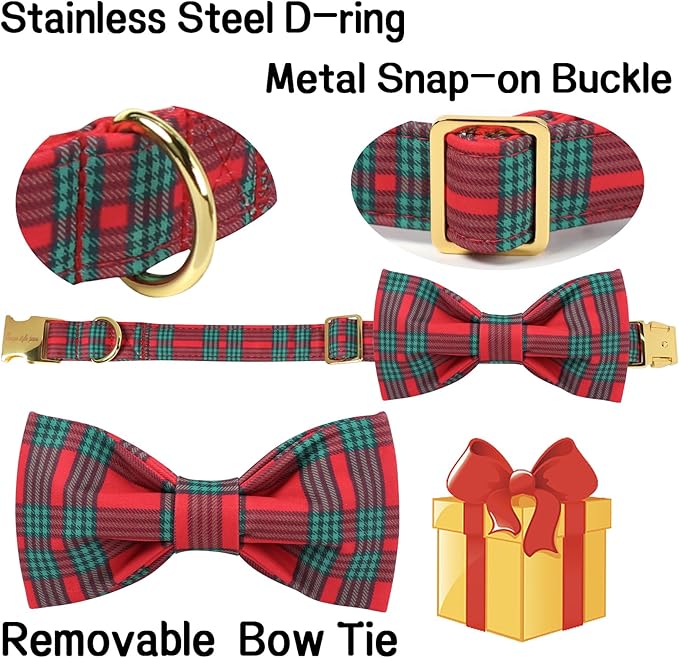 Unique Style Paws Christmas Dog Collar with Bow Red Green Plaid Cotton Puppy Collars for Small Medium Large Dogs