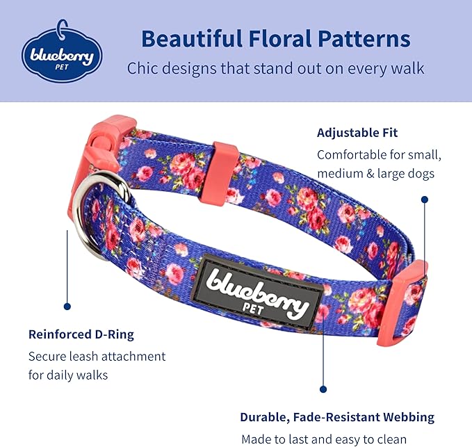 Blueberry Pet Adjustable Dog Collar for Large Dogs, Spring Scent Rose Print, Pink Puppy Collar, Girl Dog Collars, High-Density Polyester, Eco-Friendly Buckle, Neck 18-26 Inches