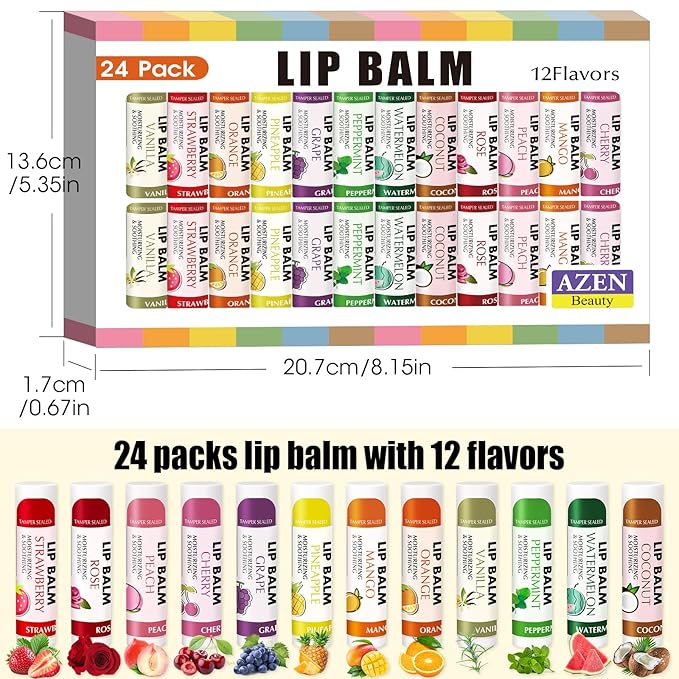 AZEN 24 Pack Lip Balm Bulk, Moisturizing Lip Balms for dry cracked lips, Valentines Gifts Easter Basket Stuffers - 12 Flavors