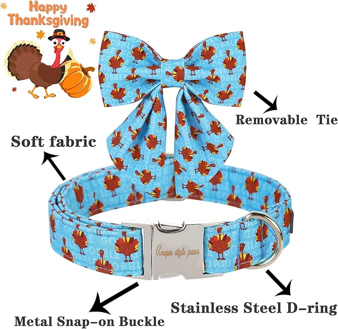 Unique style paws Thanksgiving Dog Collar with Bow Tie Blue Turkey Puppy Collar for Small Medium Large Dogs as Autumn Winter Pet Gifts-M