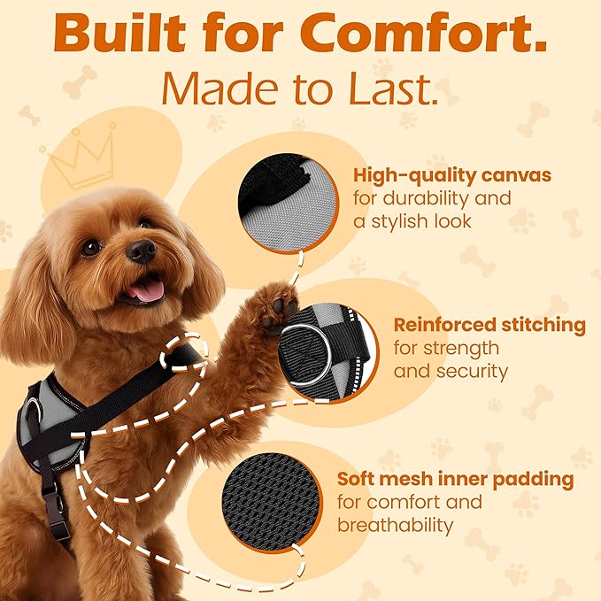 Bark Appeal Gray No-Pull Dog Harness for Medium to Large Sized Pets – Adjustable, Reflective Vest with 3 Leash Clips for Added Control, Easy Walks & Training – L