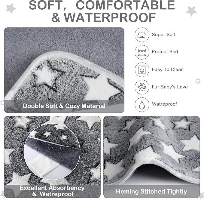 Reginary 4 Pcs Waterproof Guinea Pig Blankets Washable Small Animal Fleece Bedding Guinea Pig Cage Liners Reusable Training Pads Pet Pee Pad Sleep Mat for Hamster(Gray Star,24 x 16 Inch)