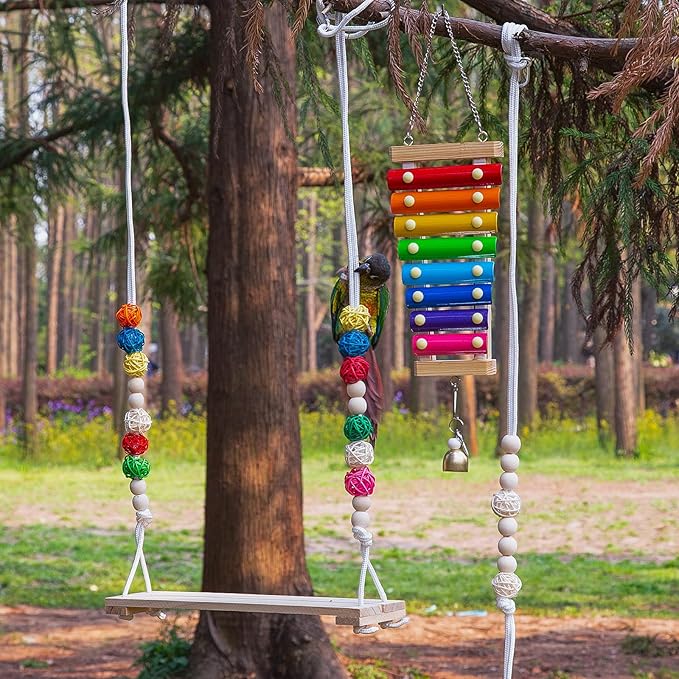 3 Pack Chicken Toys for Coop, Wooden Swing Stands & Xylophone Toy with HookHammock Climbing Ladder, Hanging Poultry Enrichment for Parakeet, Turkeys, Hens, Ducks, Geese, Bird Toys