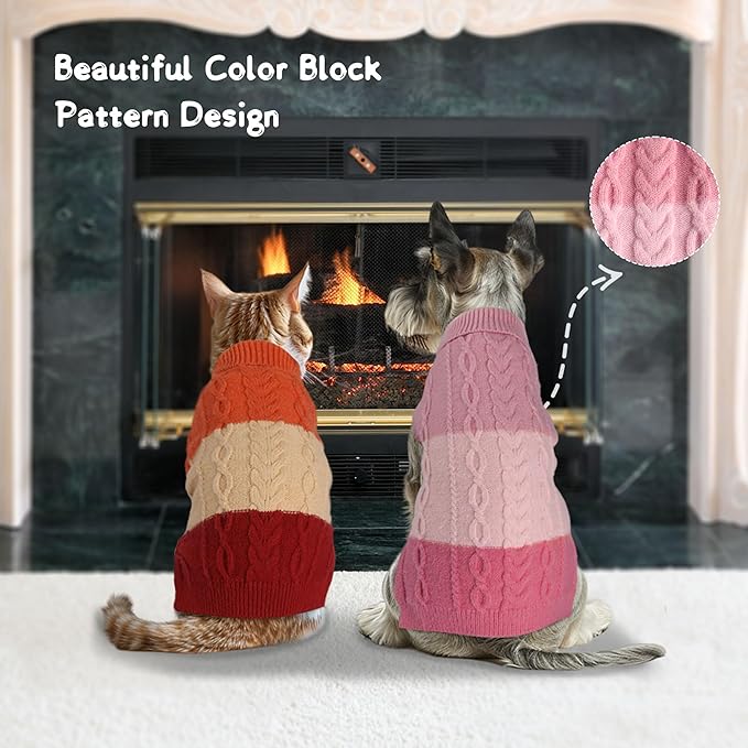 DELIFUR Color Block Cat Sweater - Knitted Turtleneck Cat Knitwear Warm Dog Coats with Classic Cable Fall Winter Clothes for Cat Puppy Chihuahua Girl (Orange, Small)