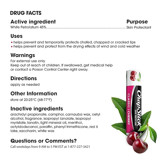 ChapStick Classic Skin Protectant Flavored Lip Balm Tube, Cherry Flavor, 0.15 Ounce (Pack of 3)