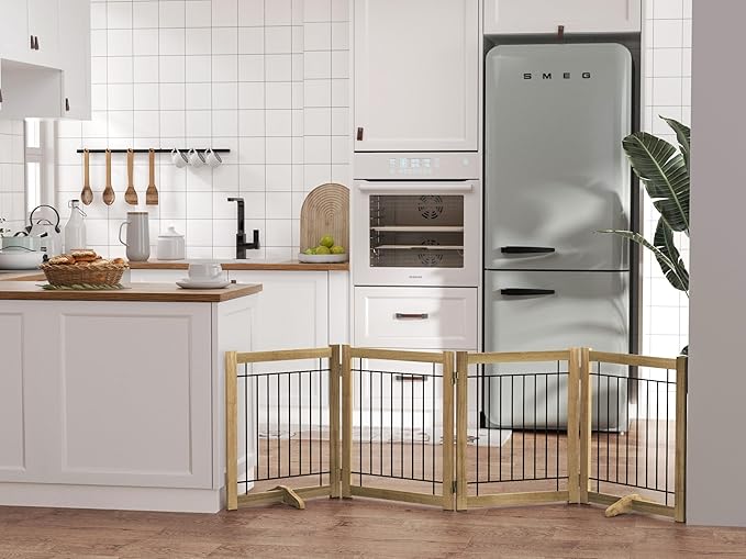 Wire Dog Gate Solid Wood Frame, Anti-Chewing, 4-Panel, 24" Height, 80" Width, Indoor Freestanding Pet Gate Foldable Wooden Dog Fences for Stairs, House, Doorway, Oak Color