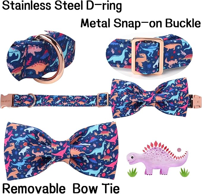 Unique style paws Cartoon Dog Collar with Bow Spring Summer Collar with Flower Dinosaur Park for Small Medium Large Boys Girls Dogs